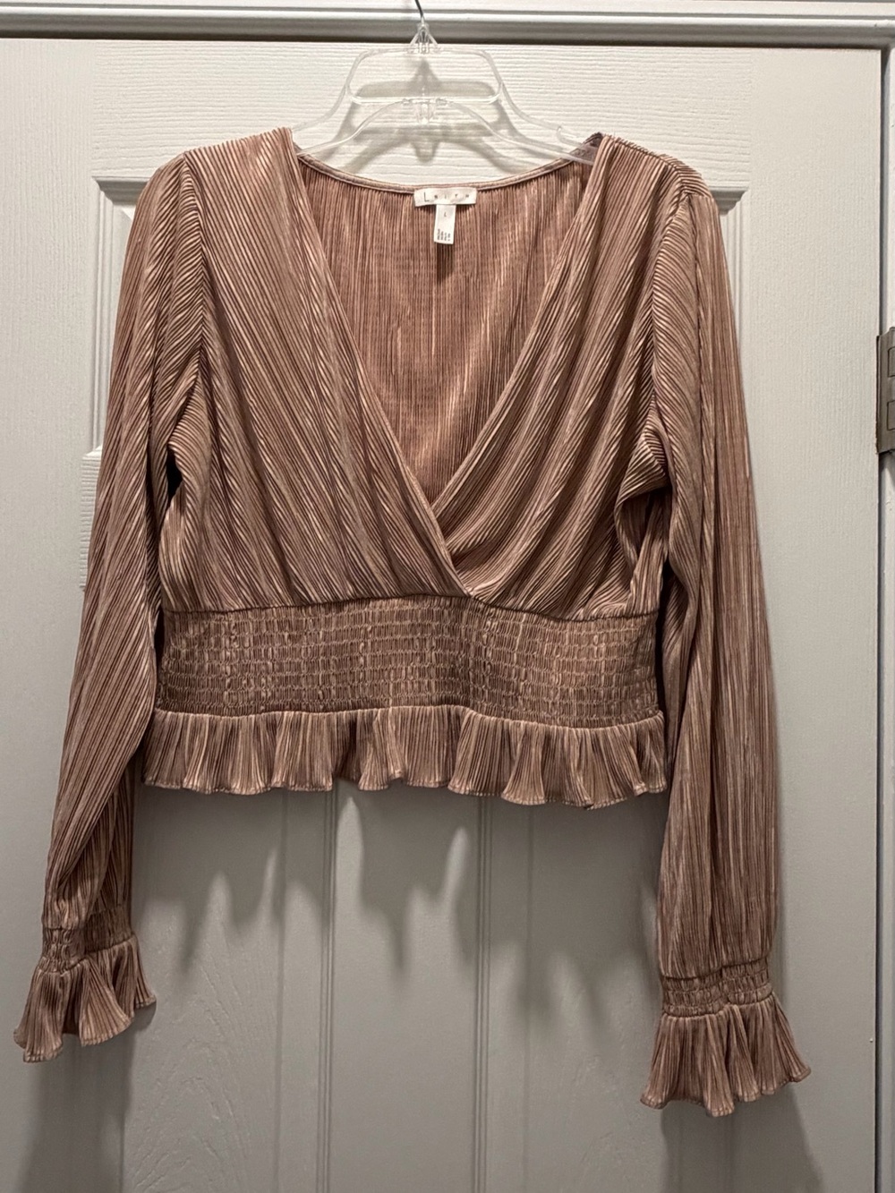 Leith Blush Taupe Pleated Wrap-Front Smocked Peplum Blouse